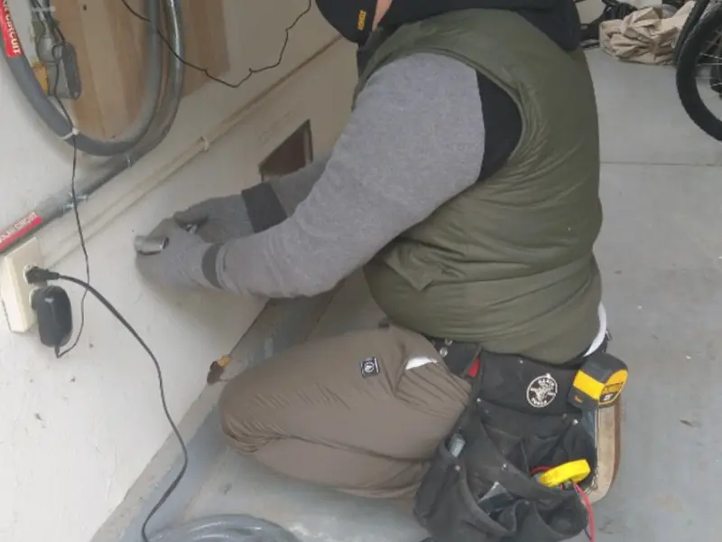 Electrician performing outlet wiring in a Pelican Bay garage